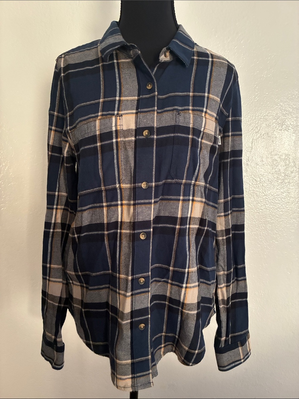 Vans Size SM Women's Navy and Cream Plaid Button-Down Shirt